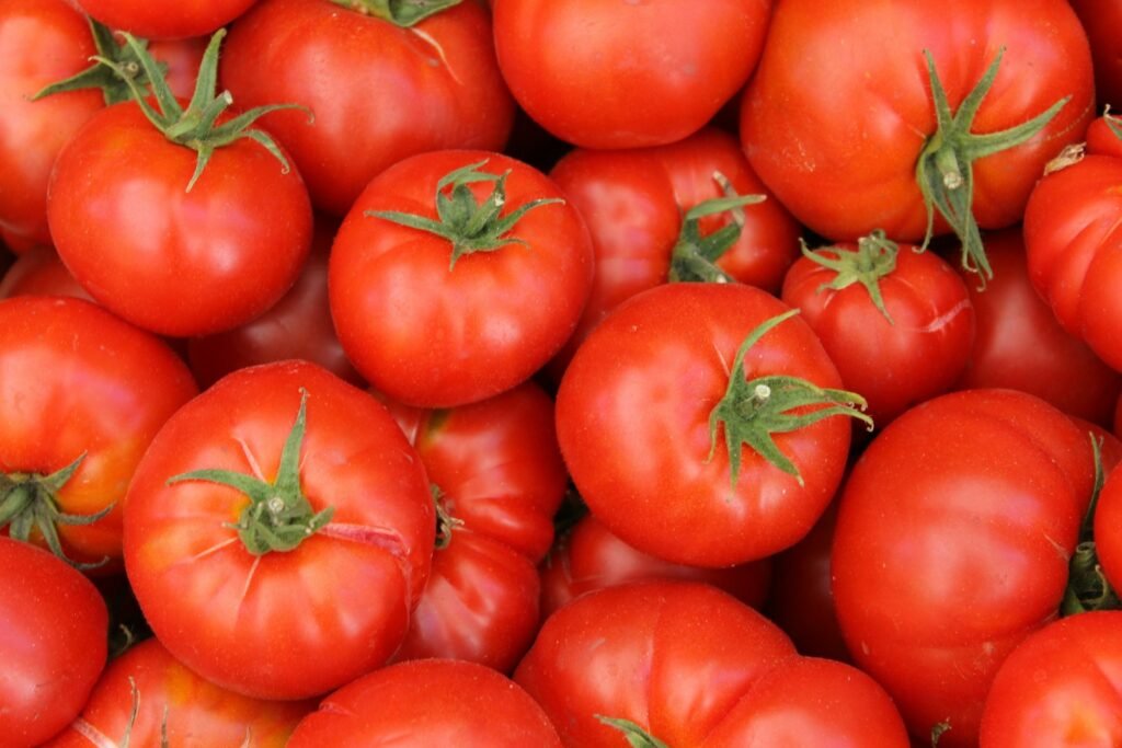 A pile of ripe red tomatoes with green stems.